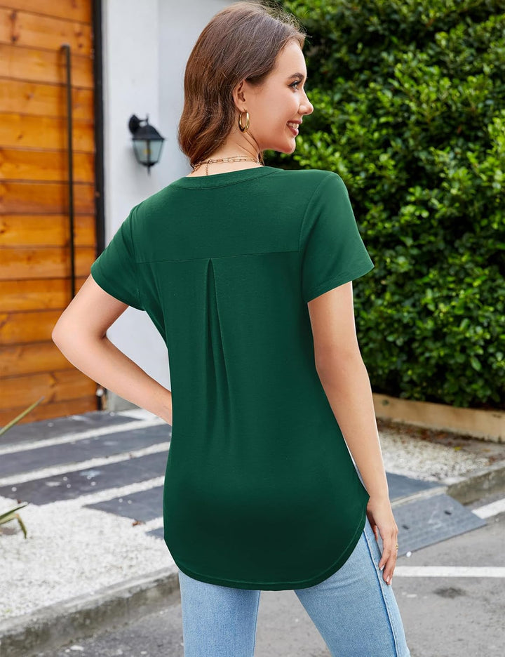 Beluring Damen Oberteile Kurzarm/Langarm Elegant T-Shirt V-Ausschnitt Plissee Top Einfarbig Longshir
