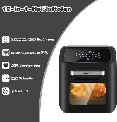 LLIVEKIT Heissluftfritteuse Heissluft-Backofen 12L, Mini-Backofen 1800W mit 6 Zubehör & Rezeptbuch,