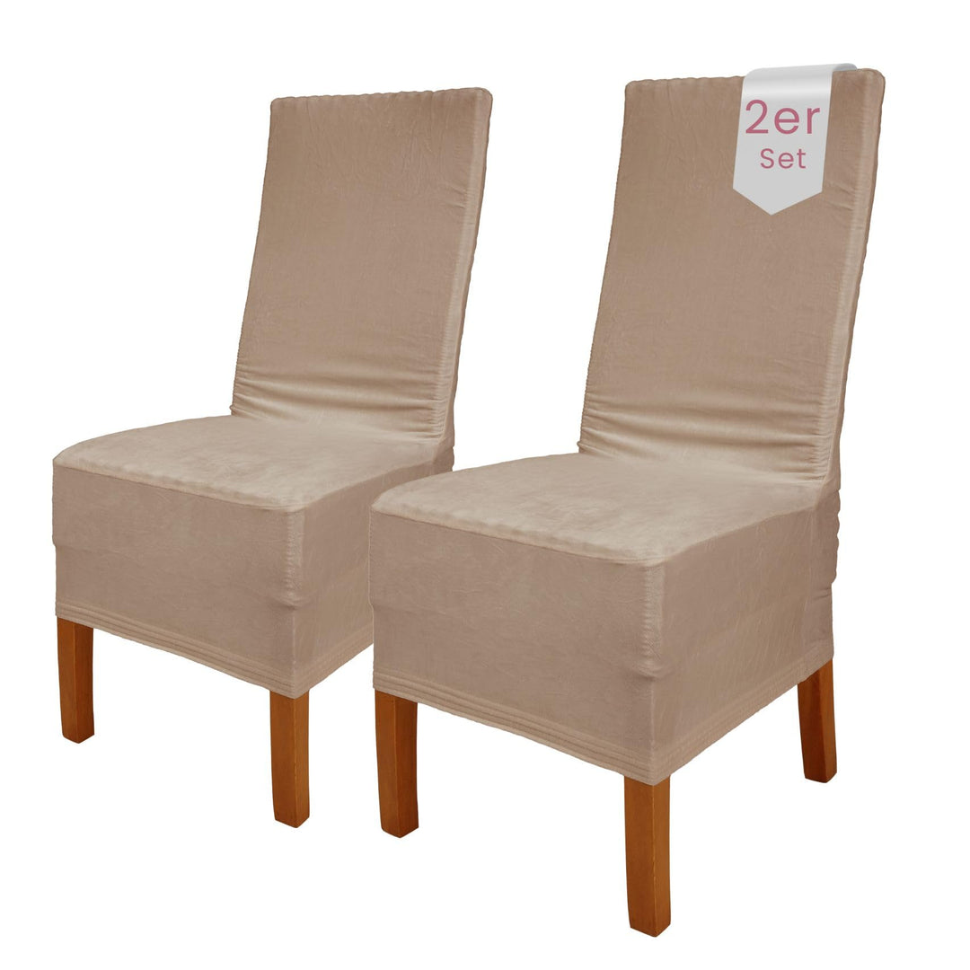 Scheffler Home Stuhlhussen Puma Velano Stein-Beige 2er Set – Elastische waschbare Stuhlbezüge aus Sa