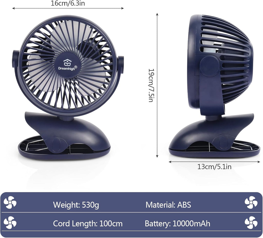 Dreamhigh® USB Ventilator 10000mAh, Maximale Akkulaufzeit 35 Stunden, 360° Drehung Mini Ventilator A