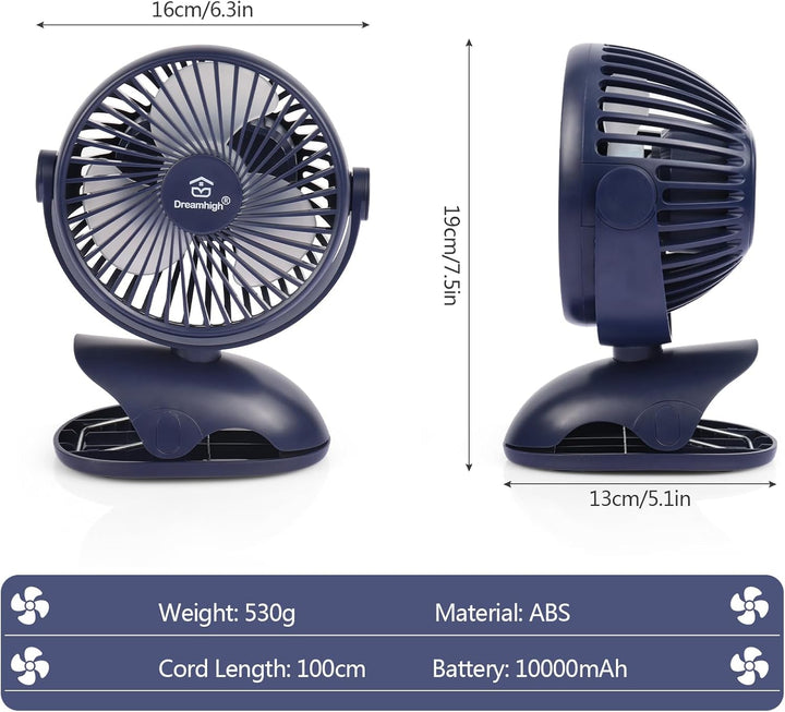 Dreamhigh® USB Ventilator 10000mAh, Maximale Akkulaufzeit 35 Stunden, 360° Drehung Mini Ventilator A