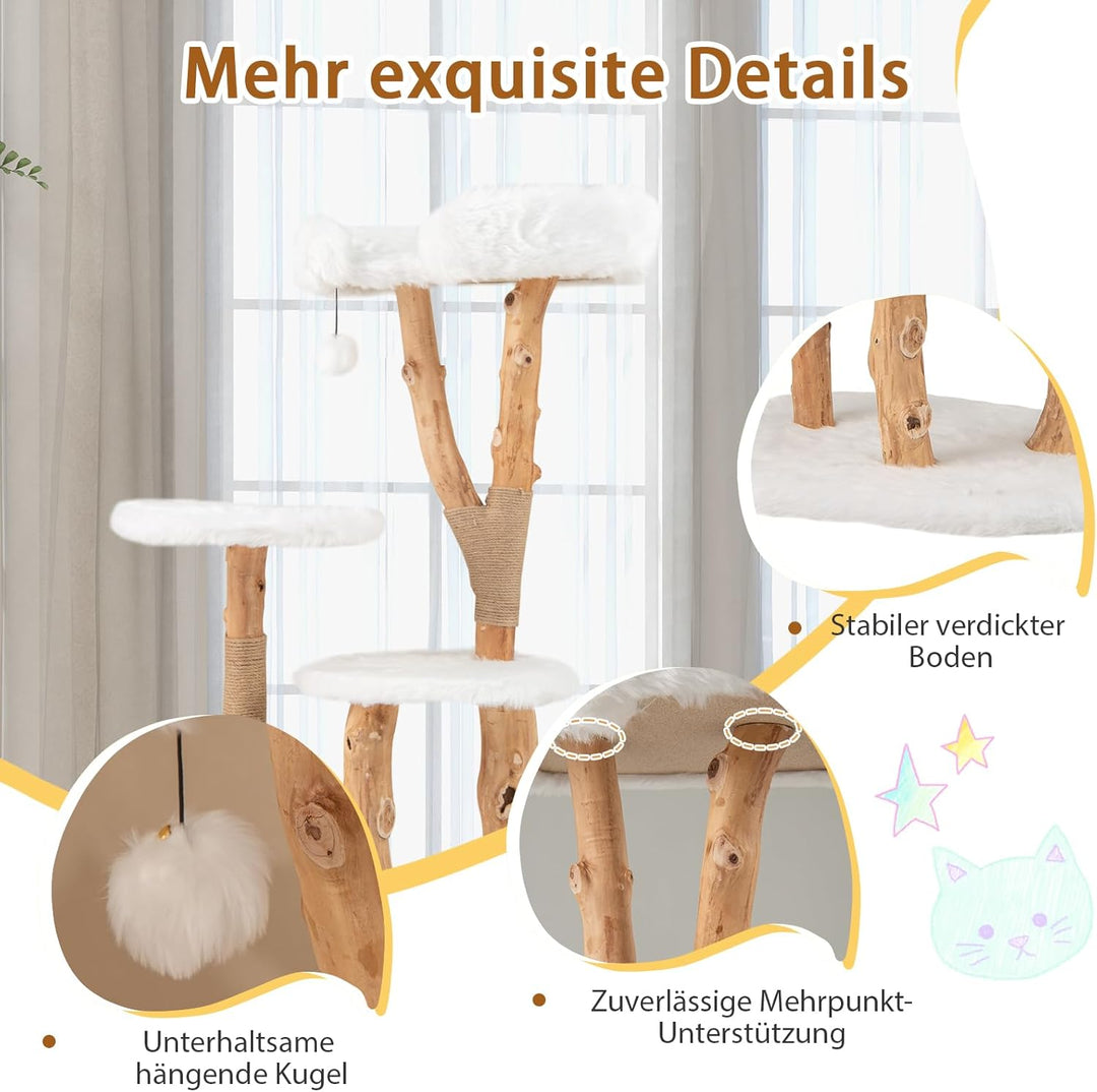 SOARS Kratzbaum Holz, Katzenbaum mit 3 natürlichen Birnbaumstämmen, Katzenbett & Plüschflächen, Katz