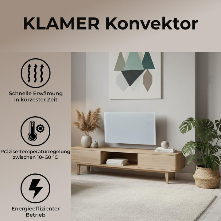 KLAMER Konvektor Pro 2500 W WLAN Heizgerät – Smart Konvektor mit App- & Timersteuerung, ECO- & Frost