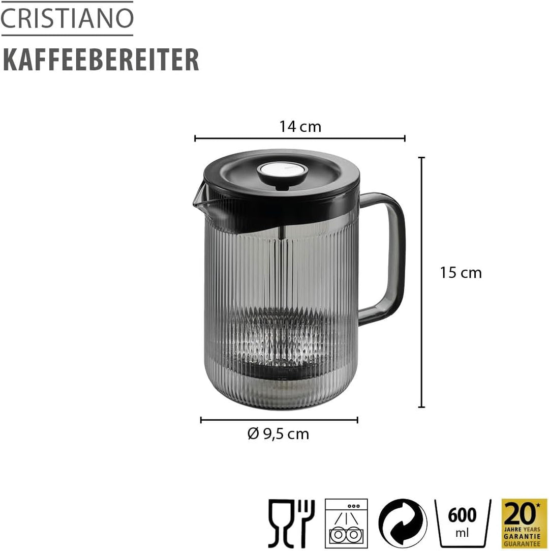 GEFU Kaffeebereiter CRISTIANO 600 ml – French Press aus mundgeblasenem Borosilikatglas in Smoke Grey