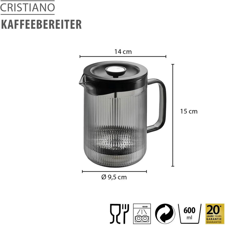 GEFU Kaffeebereiter CRISTIANO 600 ml – French Press aus mundgeblasenem Borosilikatglas in Smoke Grey