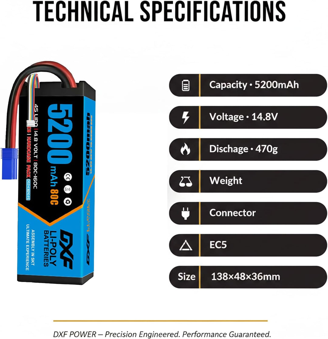 DXF 4S Lipo Akku 14.8V 80C 5200mAh RC Batterie mit EC5 Stecker für RC Car RC Truck RC Auto Boot LKW