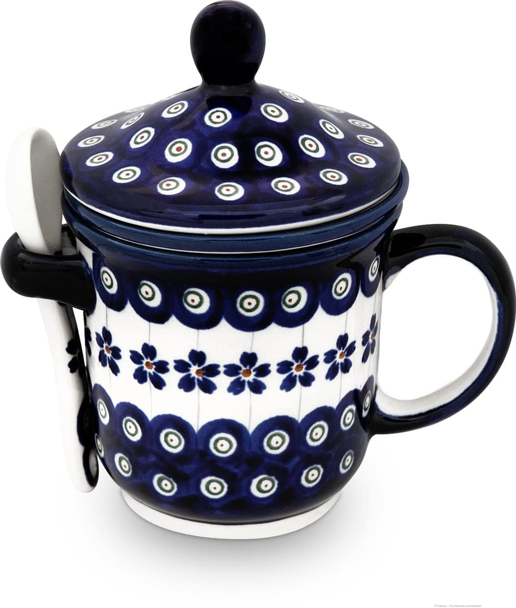 Original Bunzlauer Keramik Teetasse mit Teesieb, Deckel und Löffel im Dekor 166a