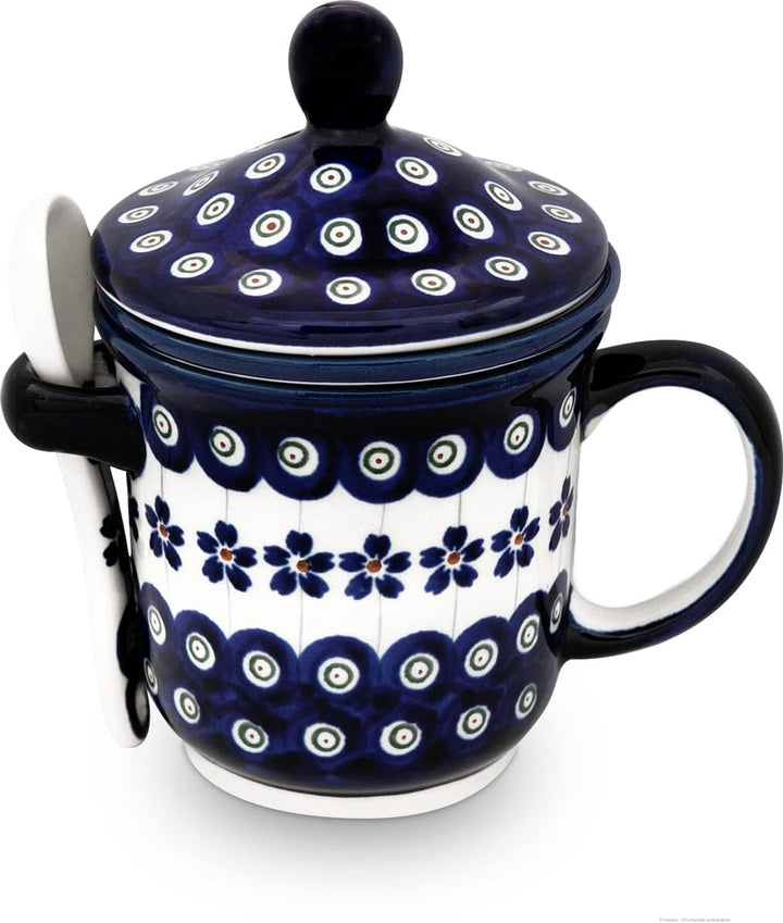 Original Bunzlauer Keramik Teetasse mit Teesieb, Deckel und Löffel im Dekor 166a