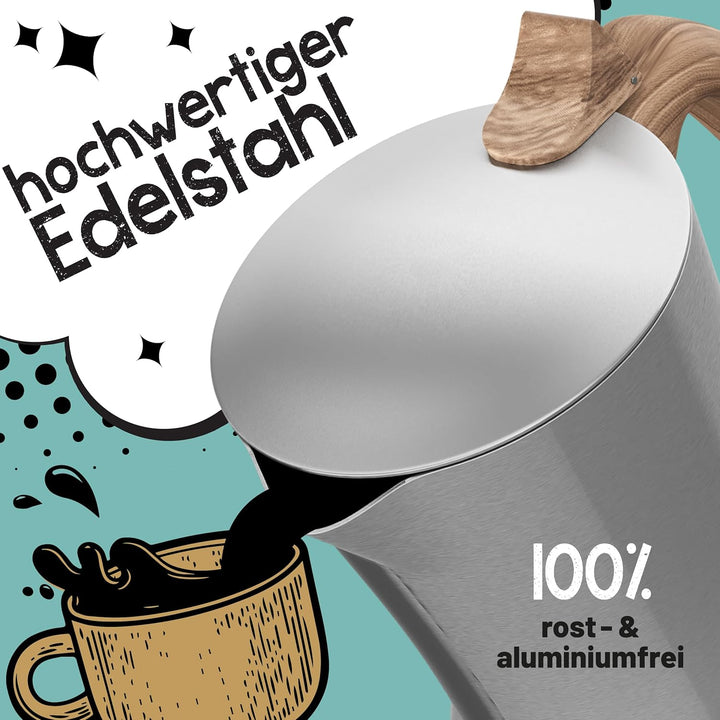 FLOW Premium Espressokocher aus Edelstahl 4 Tassen 200ml Induktion Espressokanne Espressomaker für z
