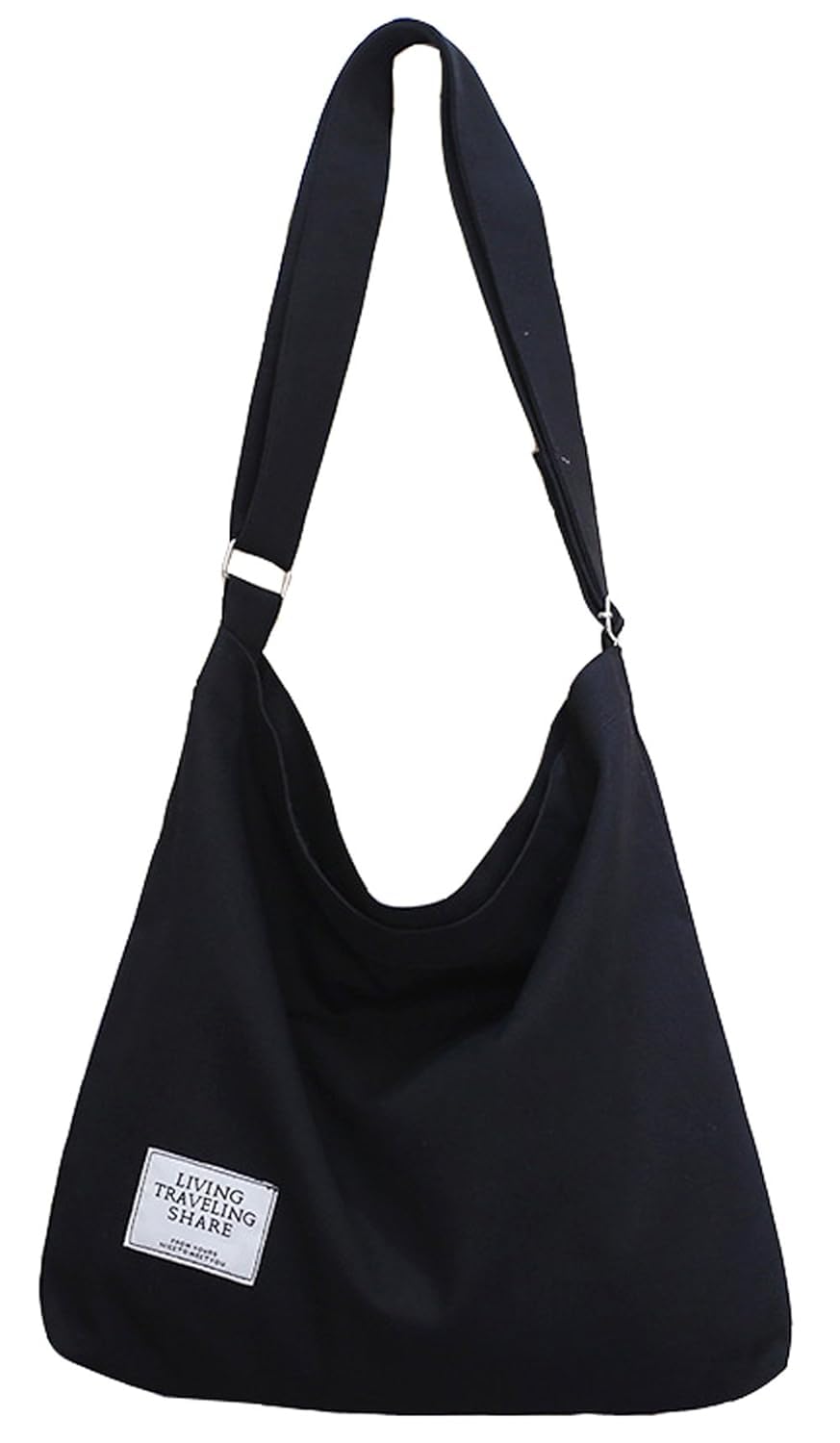 Covelin Damen Retro Grosse Grösse Canvas Schultertasche Hobo Crossbody Handtasche Casual Tote Schwar