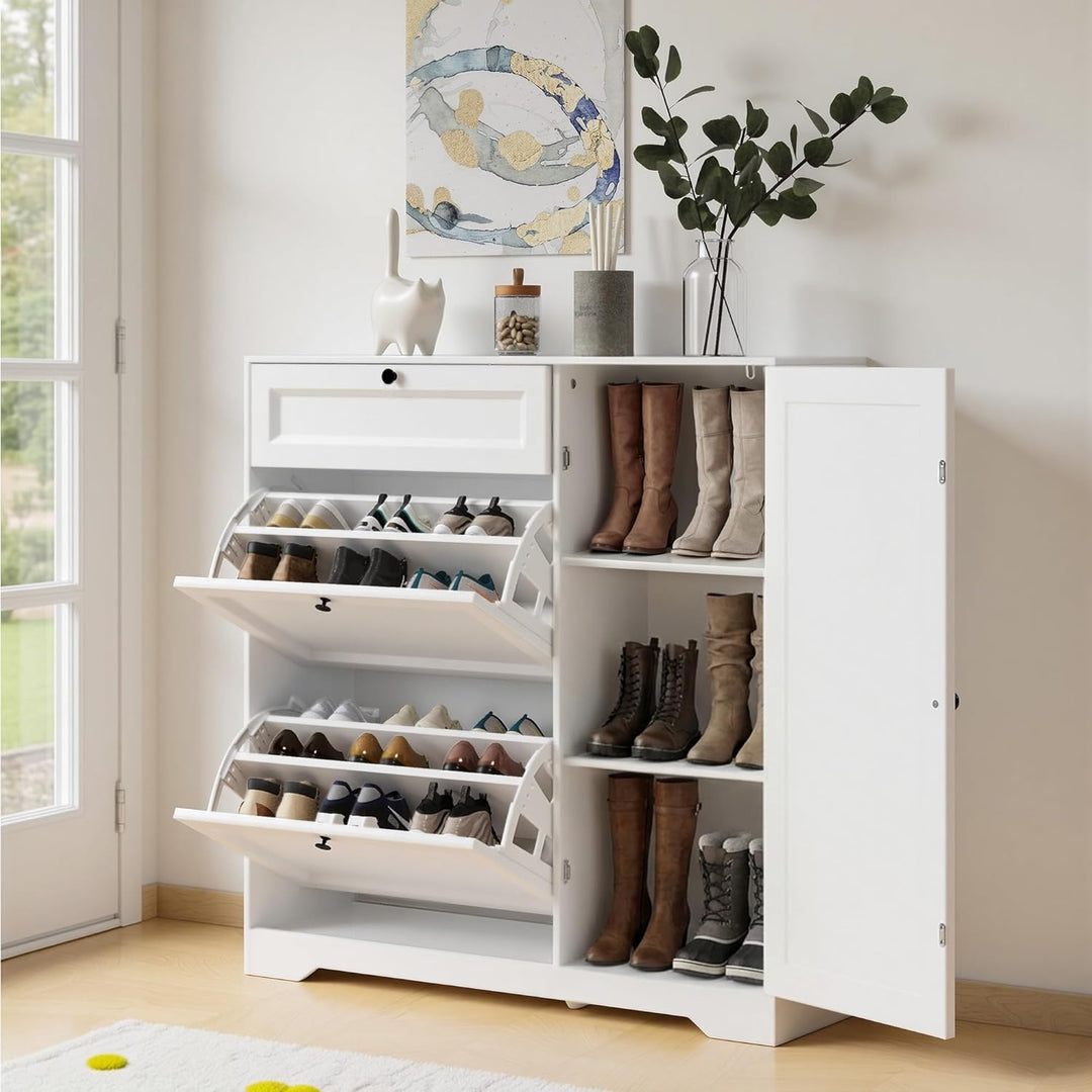Xbro Schuhschrank mit Schublade, 2 Klappen und Tür, Schuhkipper Schmal, Schuhregal für 20–25 Paar Sc