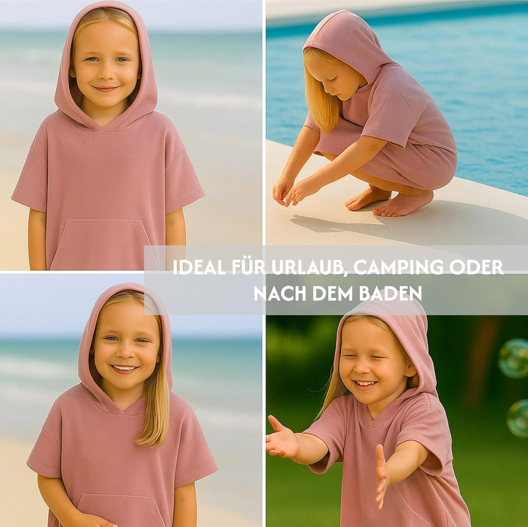 Leicht Frottee Badeponcho Kinder - Mädchen Jungen Baumwolle Poncho Handtuch Bademantel Badetuch Surf