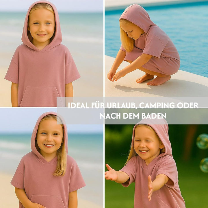 Leicht Frottee Badeponcho Kinder - Mädchen Jungen Baumwolle Poncho Handtuch Bademantel Badetuch Surf