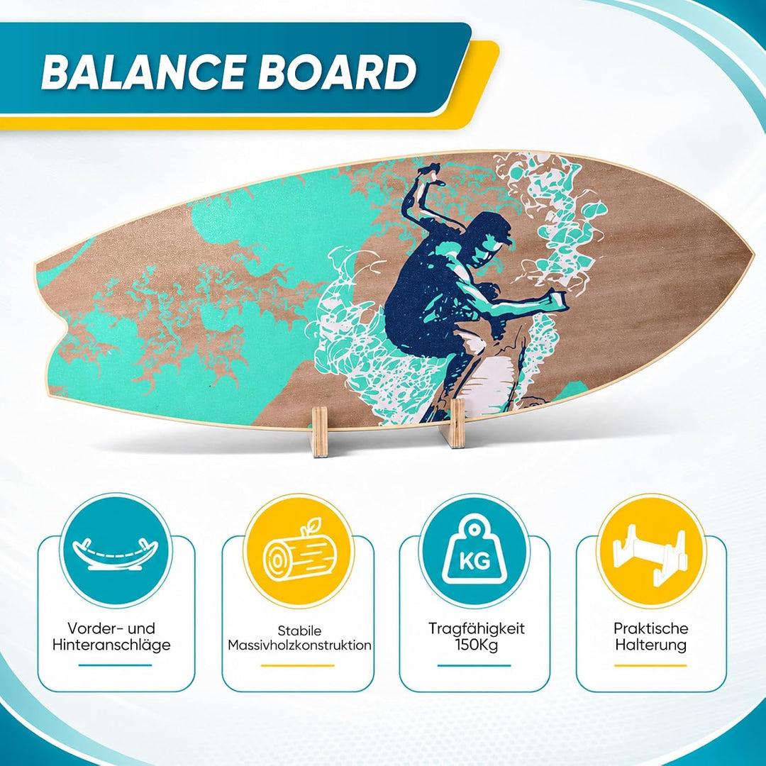 Balance Board 75x28cm 15mm Dickes, Tragfähigkeit 150Kg Holz Balanceboard Erwachsene Kinder mit Rolle