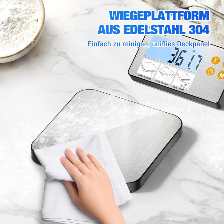 Diyife Küchenwaage Digital Geteilt, Edelstahl 1g/15Kg Haushaltswaage, USB-Aufladung und Batteriebetr