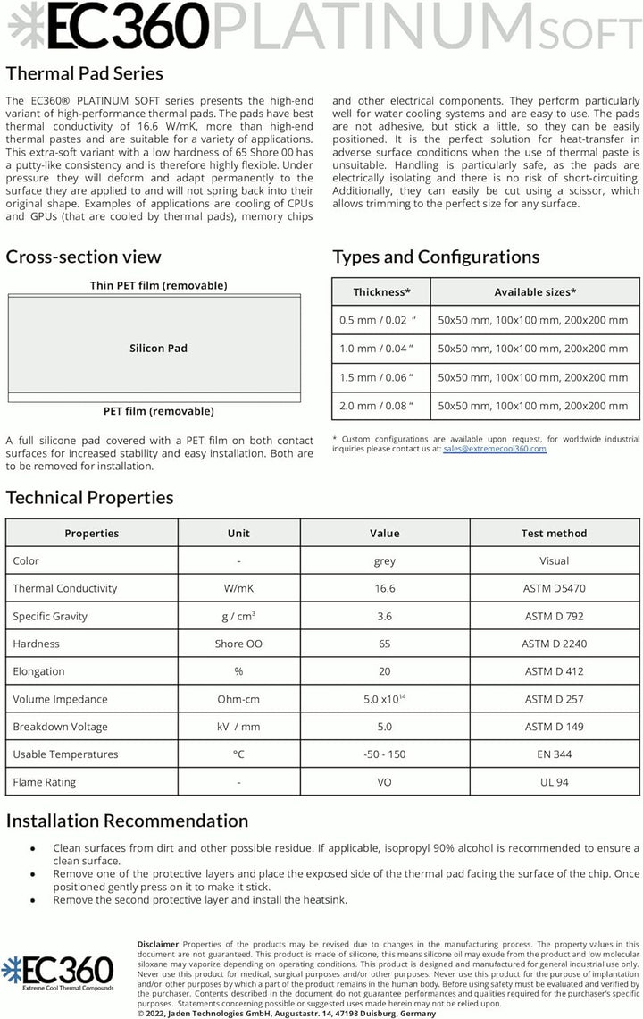 EC360® Platinum Soft 16,6W/mK Wärmeleitpad (100 x 100 x 0,5 mm, Soft), 100 x 100 x 0,5 mm, Soft
