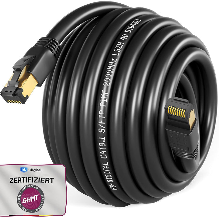 HB-DIGITAL 15m CAT 8.1 Netzwerkkabel S/FTP LSZH Schwarz 40 Gbits | LAN Patchkabel Gigabit RJ45 Steck
