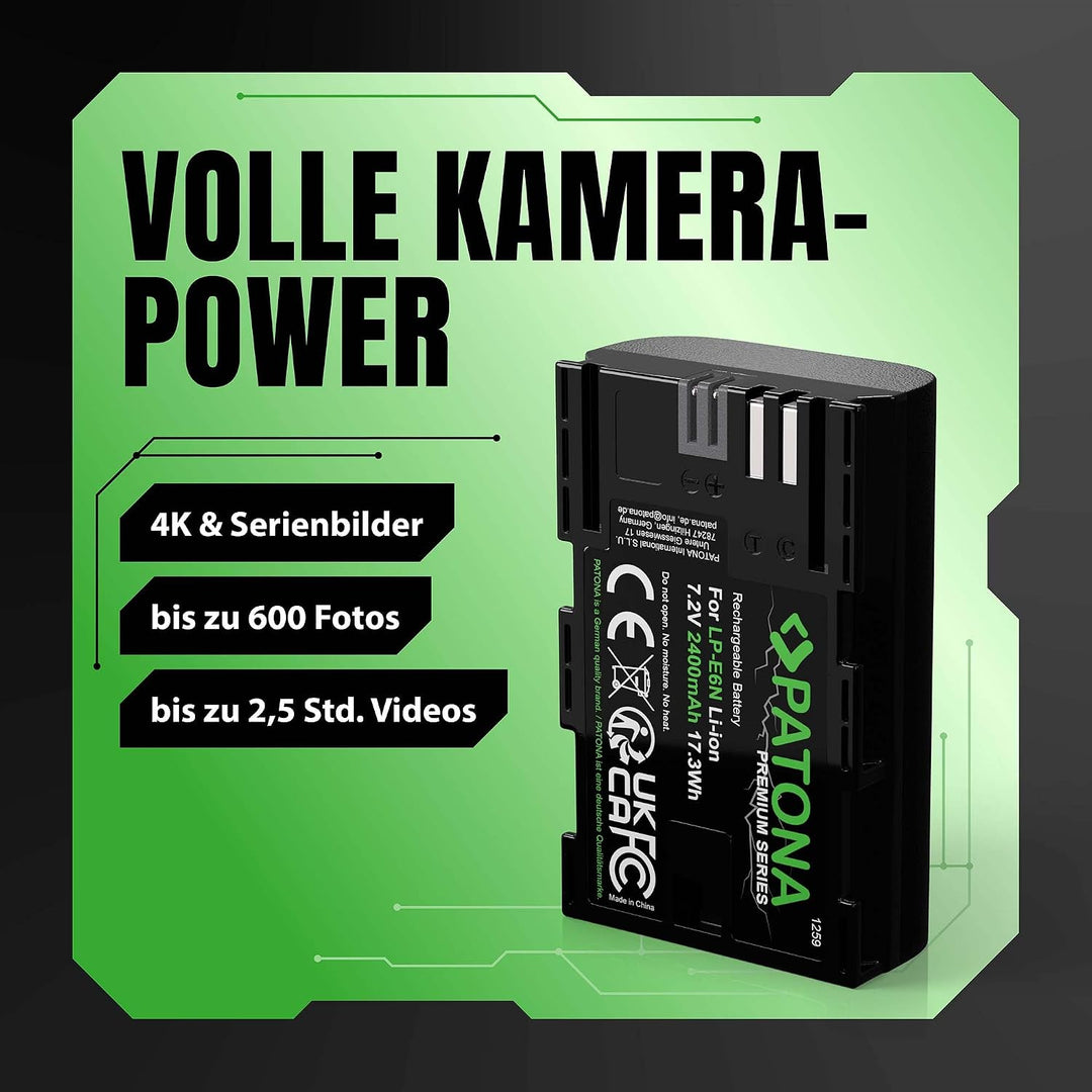 PATONA 2X Premium Akku Ersatz für Canon LP-E6N LP-E6 Battery Pack 2400mAh | Ersatzakku für EOS R5 R6