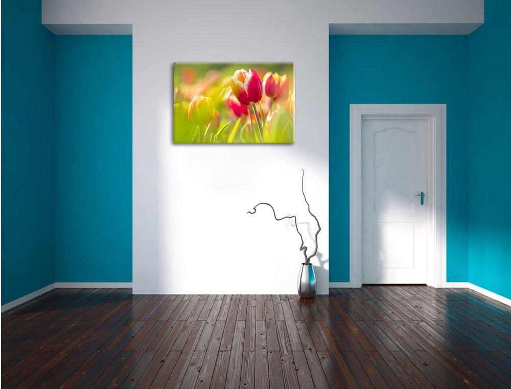 Blühende rote Tulpen, Format: 100x70 auf Leinwand, XXL riesige Bilder fertig gerahmt mit Keilrahmen,