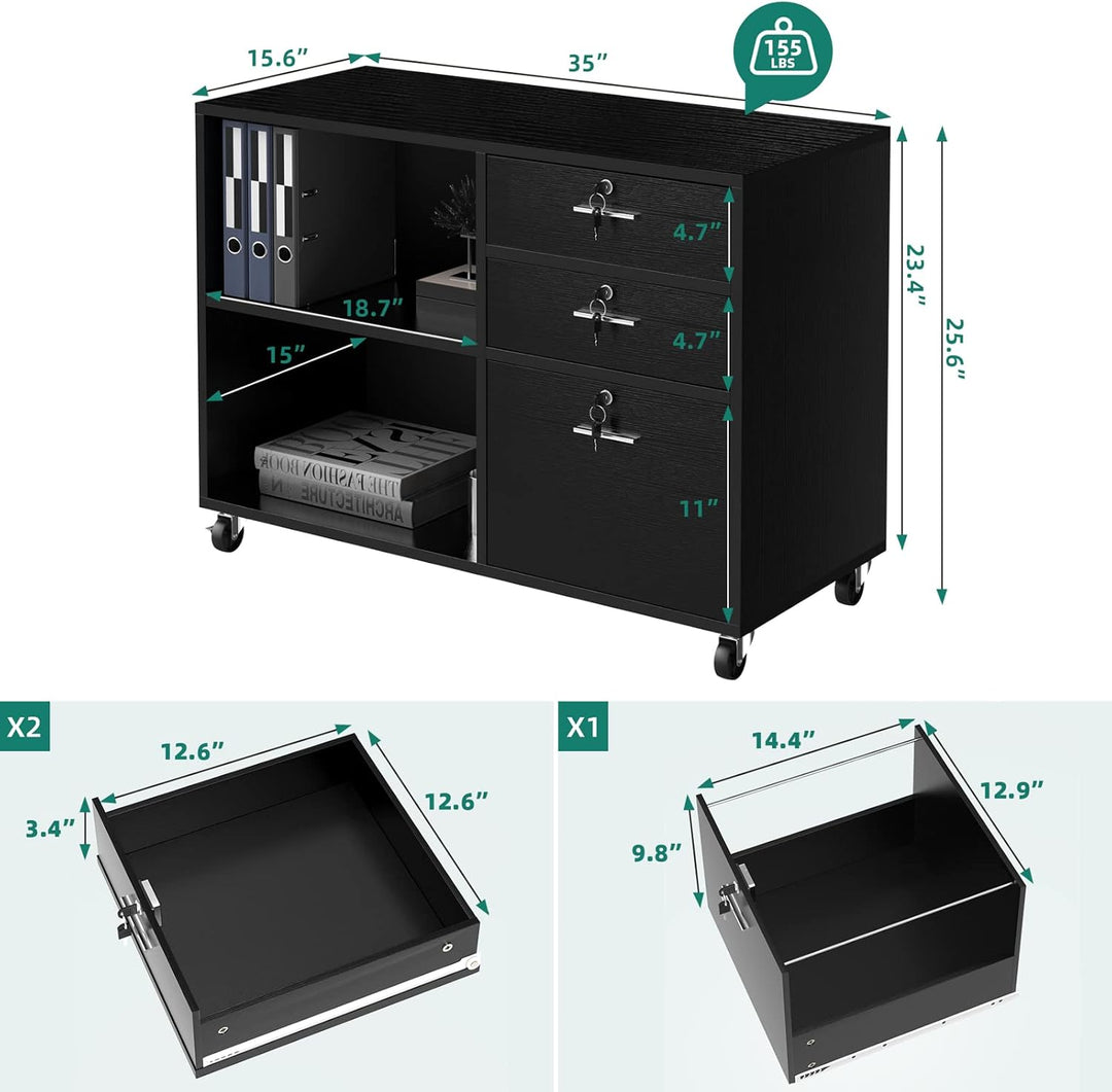 YITAHOME 3 Schubladen Mobile Aktenschrank für A4, Briefgrösse Dokumente, Holz Seitenschrank für Home