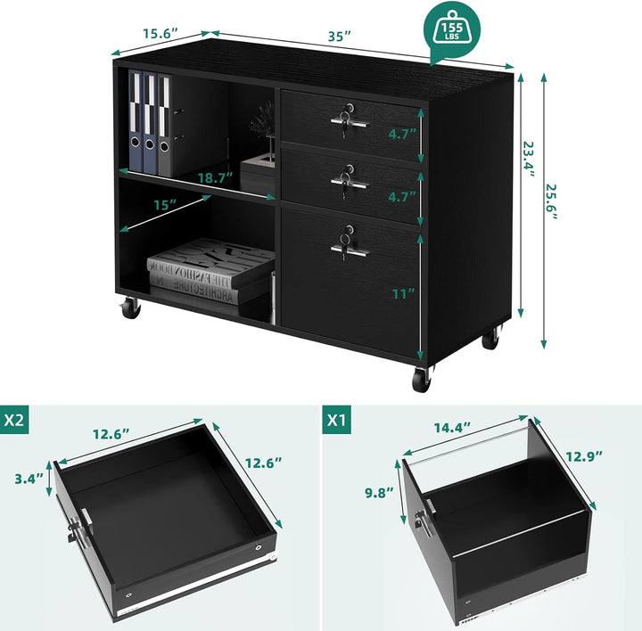 YITAHOME 3 Schubladen Mobile Aktenschrank für A4, Briefgrösse Dokumente, Holz Seitenschrank für Home