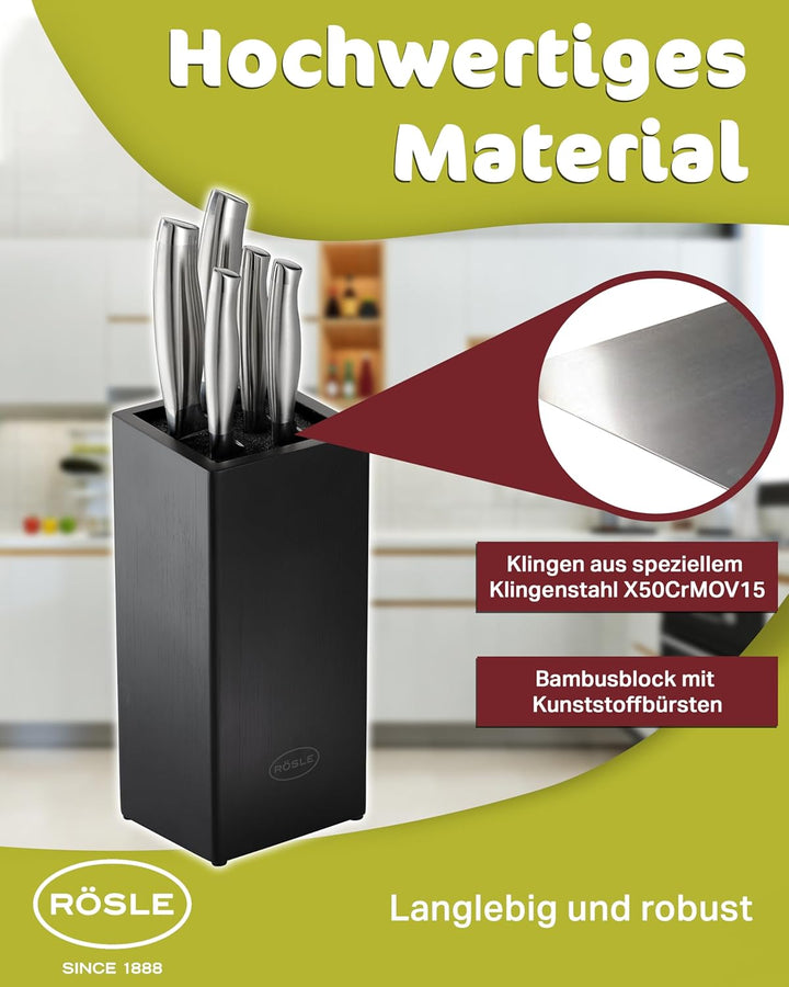 RÖSLE Bürsten-Messerblock Basic Line bestückt 6-tlg., Hochwertiger Messerblock aus Bambusholz mit 5