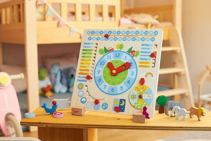 goki 58398 - Jahresuhr - aus Holz - Kinder Lernen spielerisch Kalender, Jahreszeit, Wetter und Uhrze