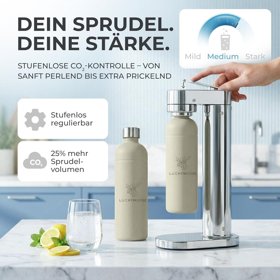 Luckymoose Infinity-S Wassersprudler aus hochwertigem Edelstahl (Silver/Sand) – inkl. 2x 1,25L Edels