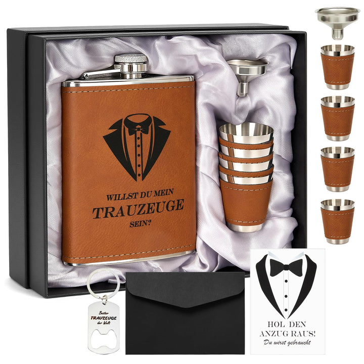 Flachmann mit Gravur 8oz Edelstahl Geschenkset für Trauzeuge und Trauzeugin, Schwarze Geschenkbox mi