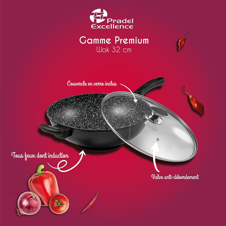 Pradel Excellence 52885M Wok in Stein-Optik mit Glasdeckel, 32 cm