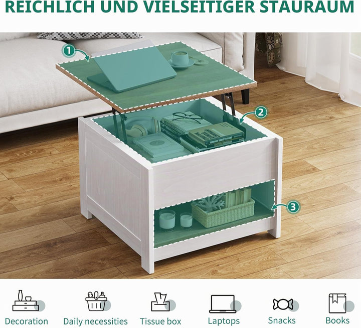 YITAHOME Couchtisch mit Hebeplatte, Quadratisch Couchtisch Höhenverstellbar, Wohnzimmertisch Modern