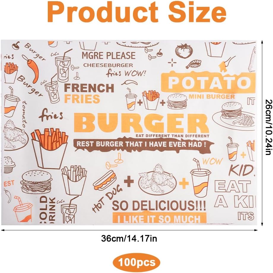 100 Blatt Burgerpapier Fettdicht, 36 x 26 cm Käsepapier, Wasserdicht und öl Wachspapier, Butterbrotp