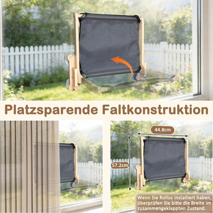 SZEE Katzen Fensterliege Massivholz mit Doppelseiten-Kissen (Ice Silk + Flanell), Katzen Hängematte