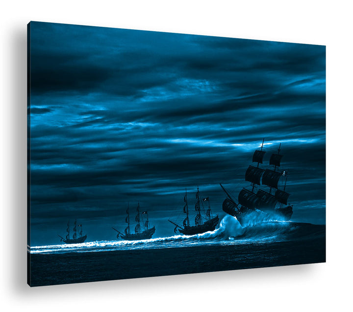 deyoli Piratenschiffe auf hoher See Format: 80x60 Effekt: Monocrome Blau als Leinwandbild, Motiv fer