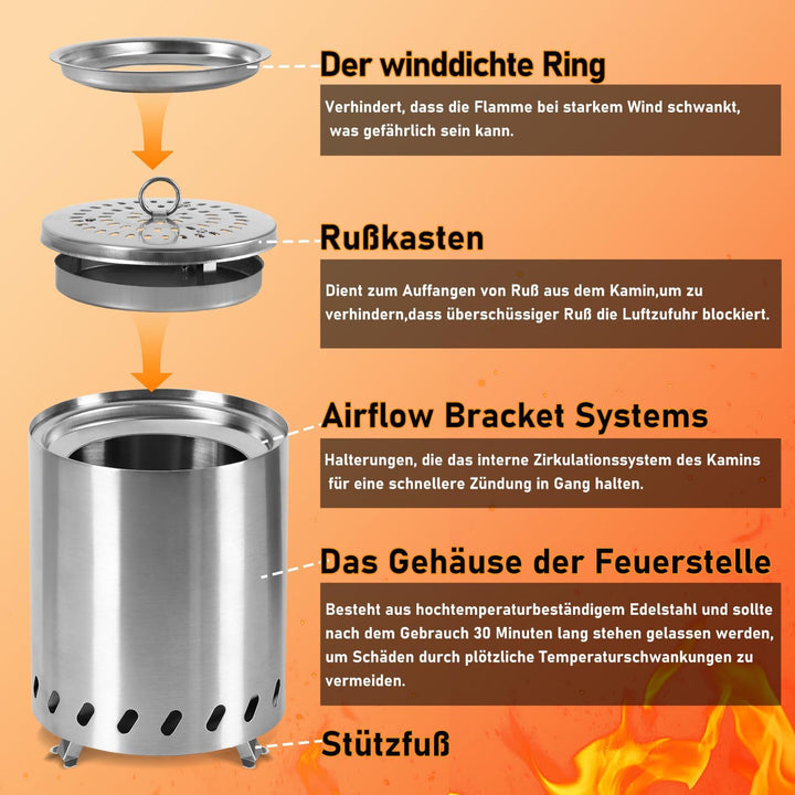 Rauchfreie Feuerschale, Tischfeuerstelle Edelstahl mit Ständer(22x15cm),Feuerschale Rauchfrei für Ca