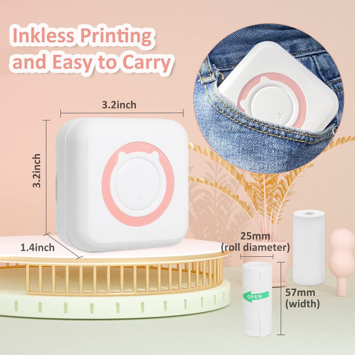 AURTEC Mini-Thermodrucker, tragbarer, kabelloser Bluetooth-Tintenloser Drucker mit 3 Rollen Aufklebe