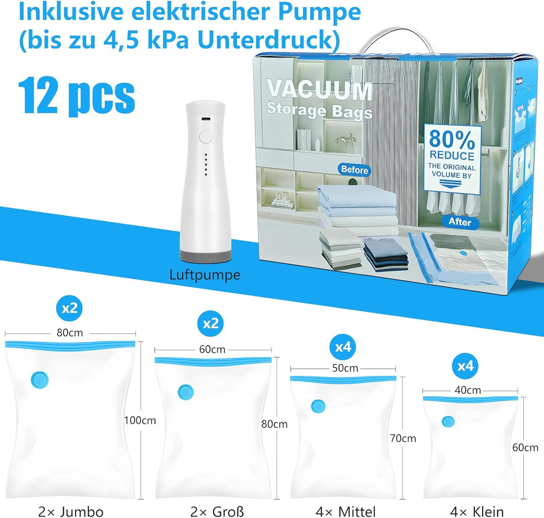 Vakuum Aufbewahrungsbeutel Set mit elektrischer Pumpe, 12-teilig (2 Jumbo, 2 Gross, 4 Mittel, 4 Klei