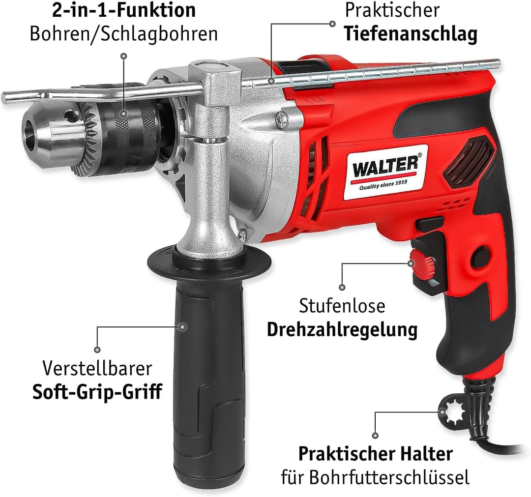 WALTER Schlagbohrmaschine (910 Watt, elektr. Drehzahlregelung, mit zweiten Handgriff, Tiefenanschlag