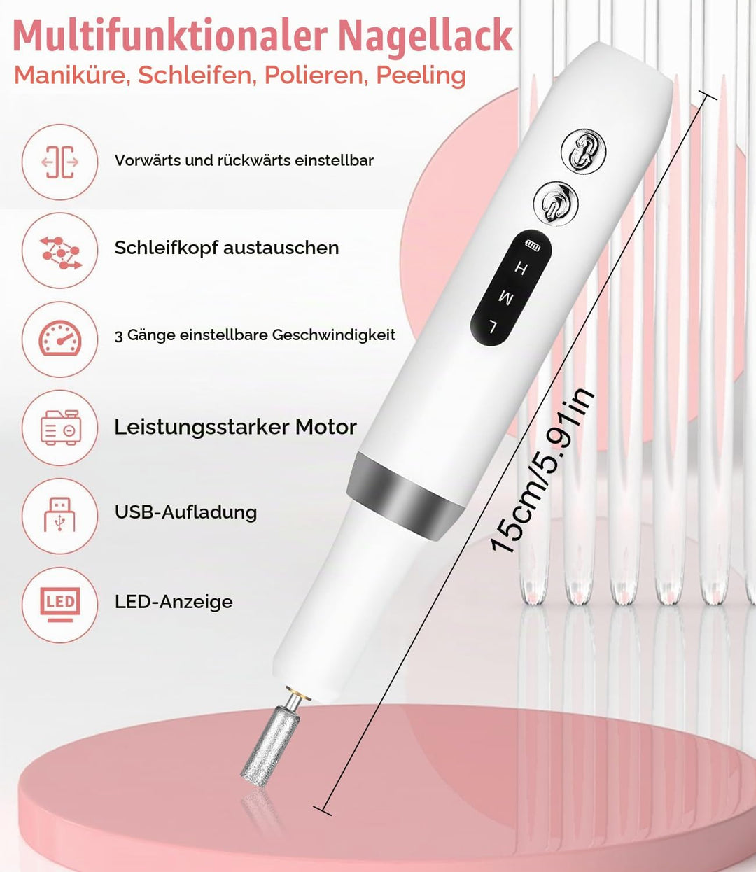 Elektrischer Nagelfräser, 3 Geschwindigkeiten Enstellbar, Kabellose Fräser Nägel, Tragbares Maniküre