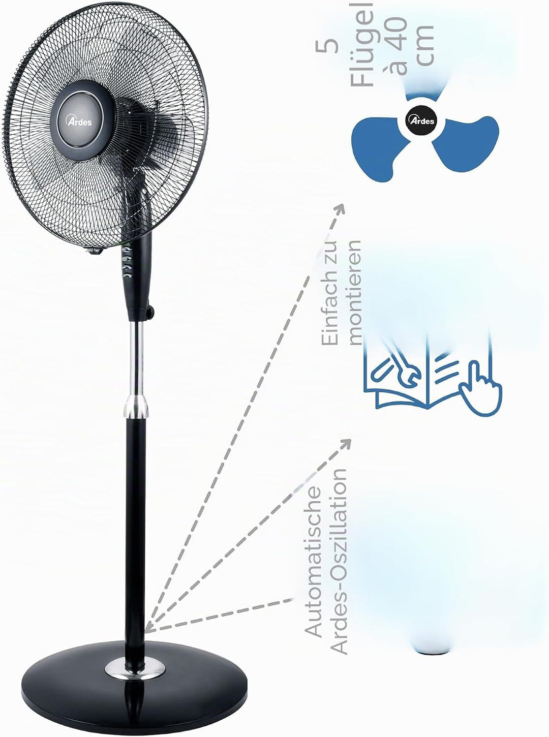 ARDES - Standventilator, leistungsstark, leise, 5 Flügel, 40 cm, oszillierend, mit verstellbarer Höh