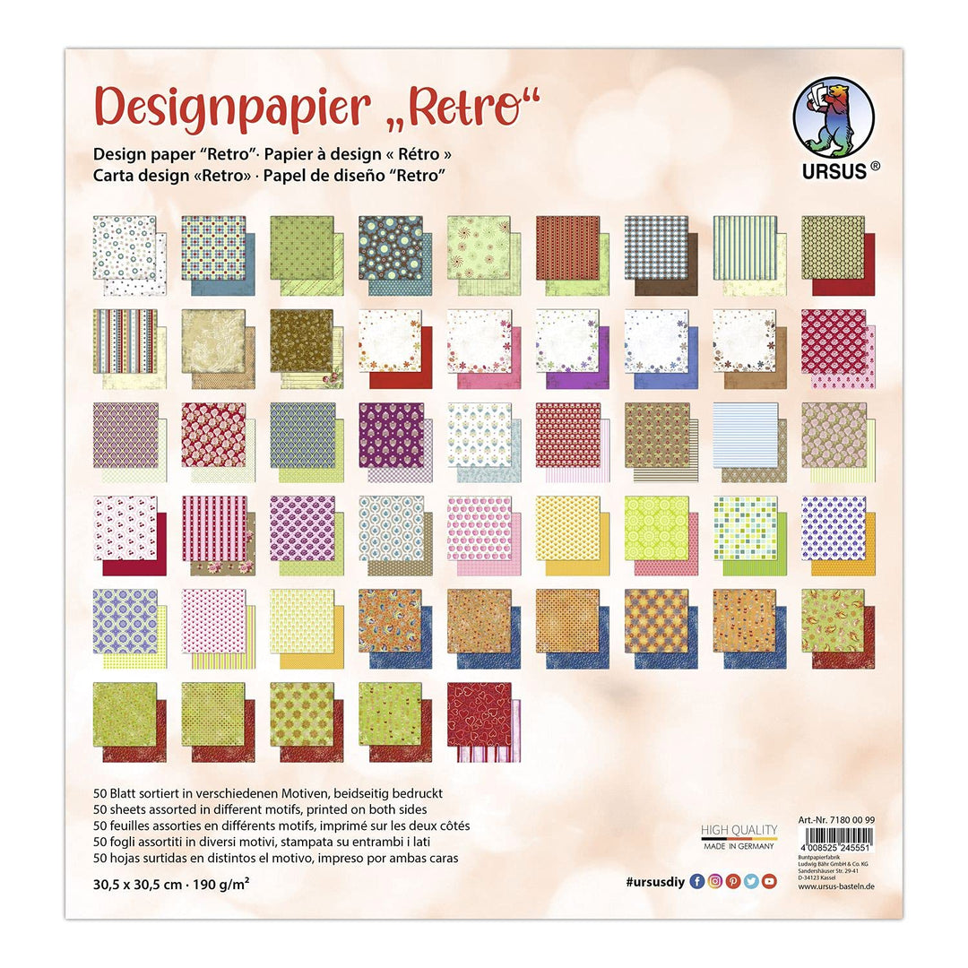Ursus 71800099 - Design-Papier "Retro", Mix mit 50 Blatt beidseitig bedrucktem Motiv-Papier, 190 g/m