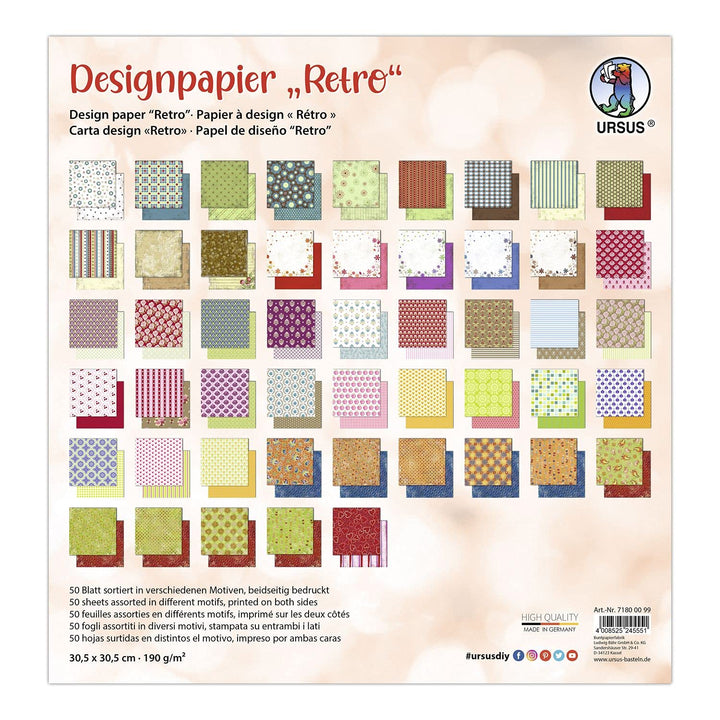 Ursus 71800099 - Design-Papier "Retro", Mix mit 50 Blatt beidseitig bedrucktem Motiv-Papier, 190 g/m