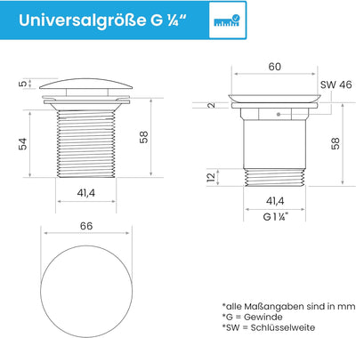 Bächlein Universal Ablaufgarnitur ohne Überlauf (Matt Schwarz) - Pop Up Ventil für Waschbecken und W