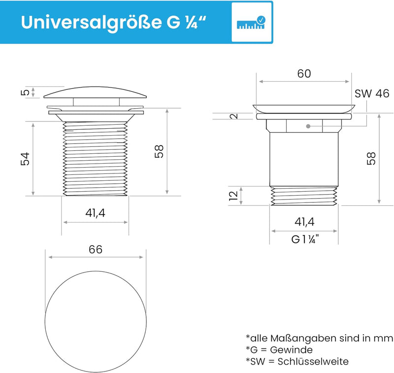 Bächlein Universal Ablaufgarnitur ohne Überlauf (Matt Schwarz) - Pop Up Ventil für Waschbecken und W