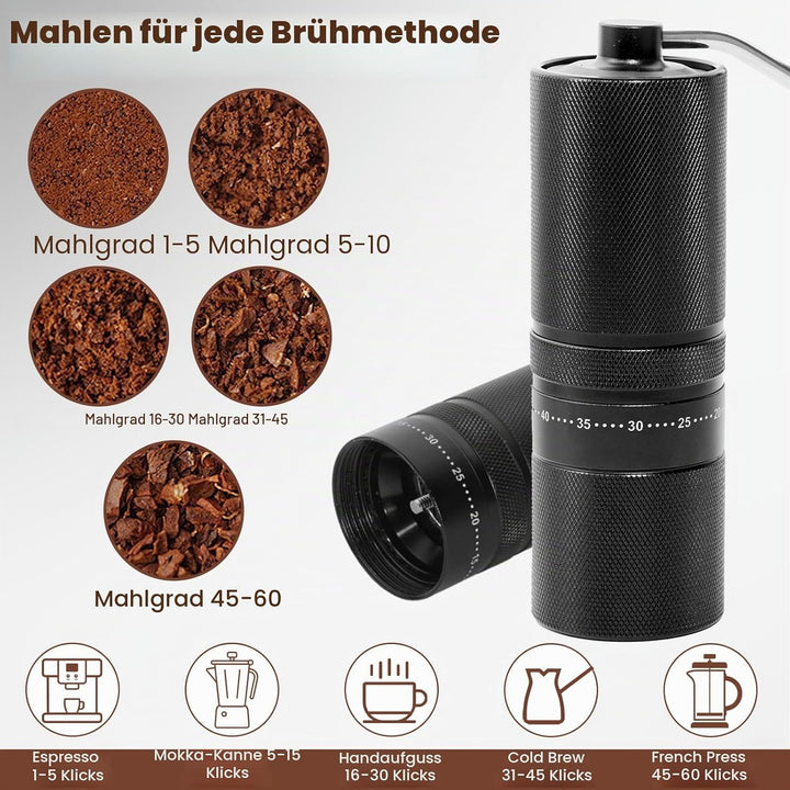 Manuelle Kaffeemühle mit 60 einstellbaren Stufen, geradem Griff für French Press, Filterkaffee und E