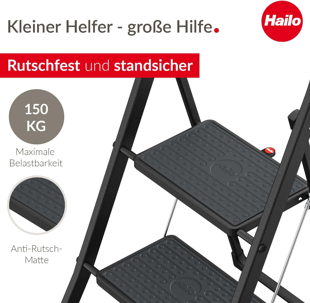 Hailo K44 StandardLine Klapptritt - 3-stufige Trittleiter aus Stahl mit grossen Stufen und Anti-Ruts