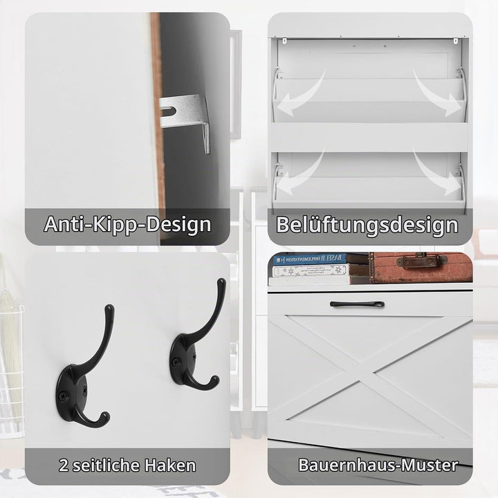LELELINKY Schuhschrank mit 2 Klapp-Schubladen – Landhaus weiss Schuhorganizer für Flur – Schmaler Sc