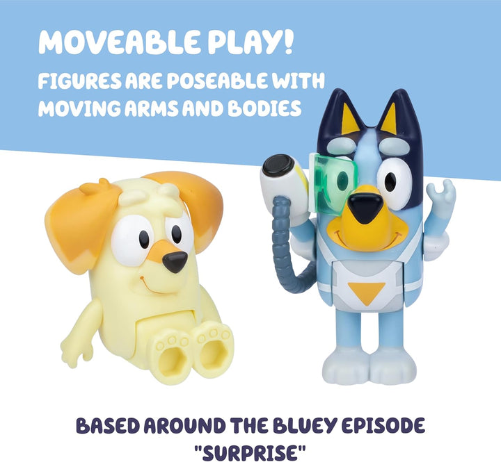 Bluey Figure 2-Pack - Surprise Blaster Suit Pack, 6.35 cm Figures of Bluey and Neighbor Chucky, Recr