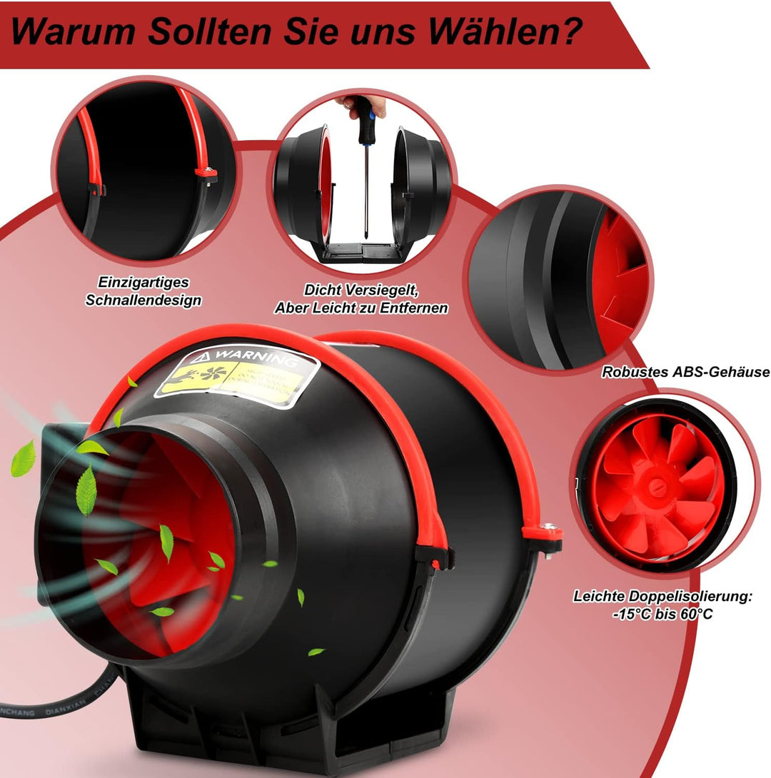 Yakimz 100 mm Rauchabzug Rohrventilator Inline-Kanalventilator,320 m3/h Abluftventilator Lüfter 220V