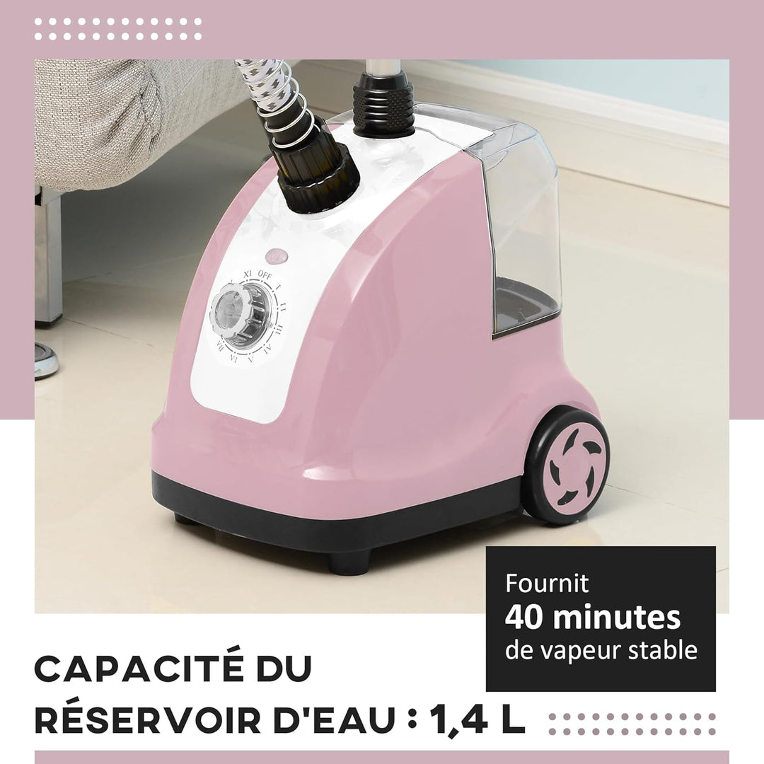 HOMCOM Vertikaler Dampfbügeleisen Kleiderglätter 1,4 L 1950 W Dampfstoss 32g/min Teleskopstange rosa